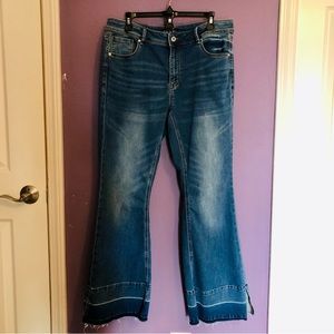 Grace In LA Medium Wash Mid Rise Knit Denim Flare Jeans 32"